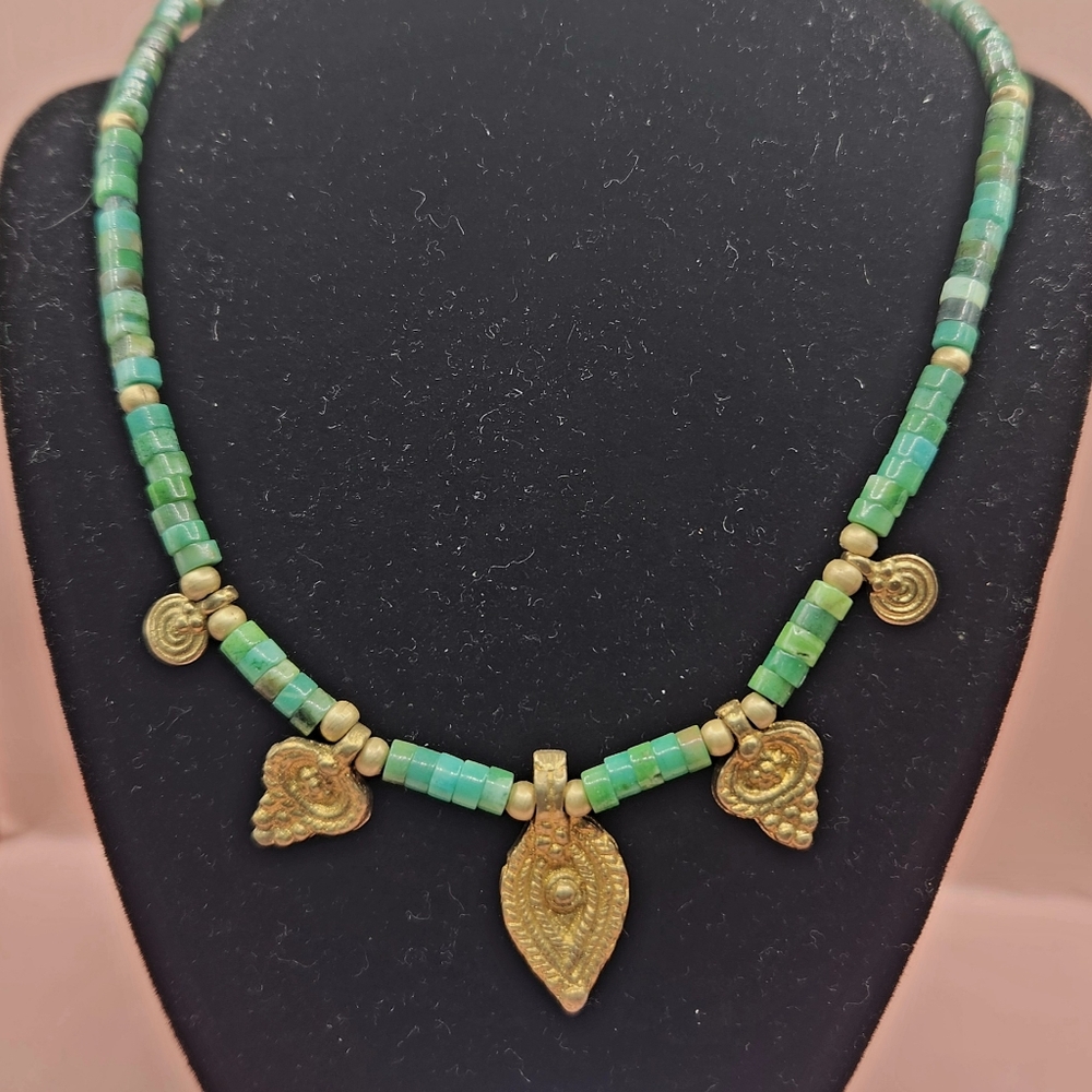 Chrysoprase and Brass Charm Necklace